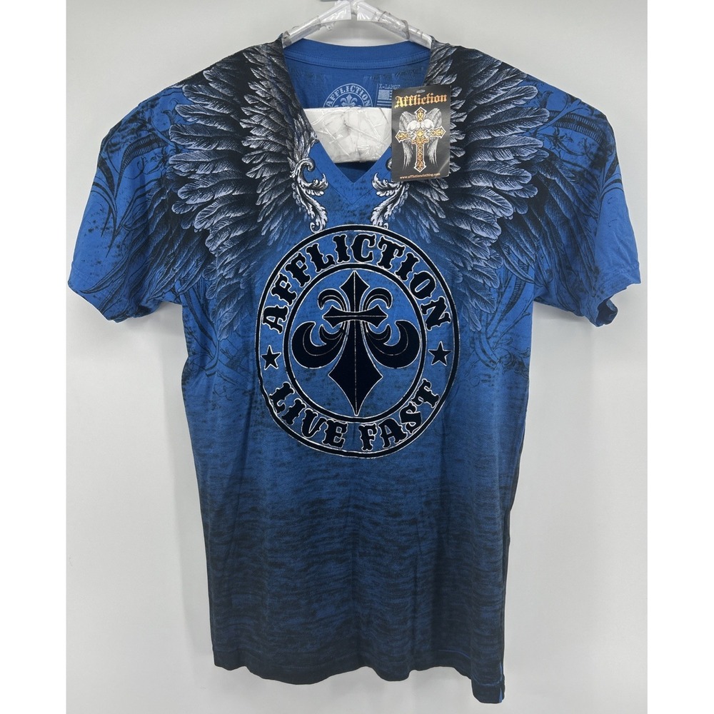 Affliction Live Fast Short Sleeve Vertical SS V Neck Shirt Blue Men's XL NWT